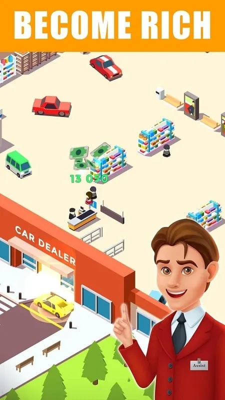 alt text: Hình ảnh trong game Car Dealer Tycoon Idle Market cho thấy người chơi đang quản lý showroom và nâng cấp các dịch vụ.