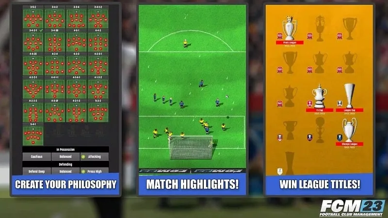alt text: Hình ảnh trong game Football Club Management 2023, cho thấy cảnh một trận đấu bóng đá đang diễn ra trên sân vận động.