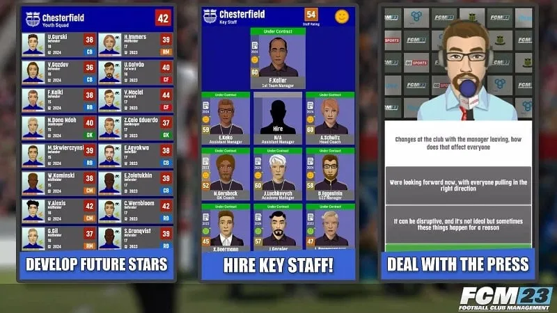 alt text: Hình ảnh trong game Football Club Management 2023, thể hiện giao diện quản lý sân vận động với các tùy chọn nâng cấp.