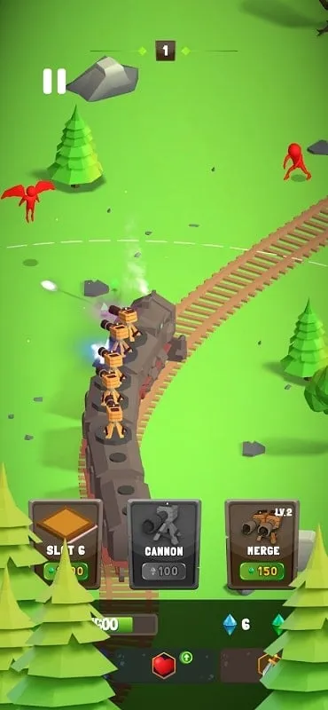 Alt text: Hình ảnh trong game Train Defense: Merge N Fight, đoàn tàu di chuyển qua các địa hình khác nhau.