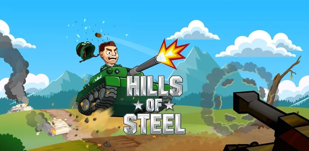 alt text: Hình ảnh xe tăng trong game Hills of Steel đang leo dốc và bắn về phía trước.