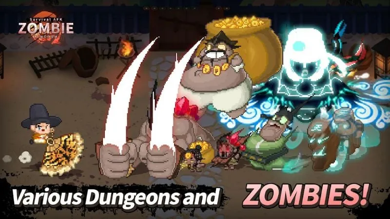 alt text: Nhân vật trong game ZOMBIE Kingdom: Survival AFK sử dụng quạt để chiến đấu với zombie.