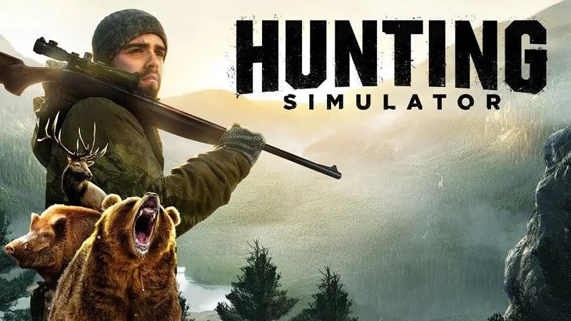 alt text: Hình ảnh game Hunting Simulator với khung cảnh rừng núi và một thợ săn đang ngắm bắn