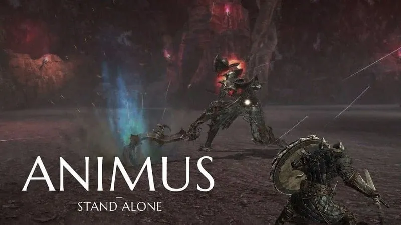 alt text: Hình ảnh gameplay Animus - Stand Alone với nhân vật hiệp sĩ đang chiến đấu với quái vật