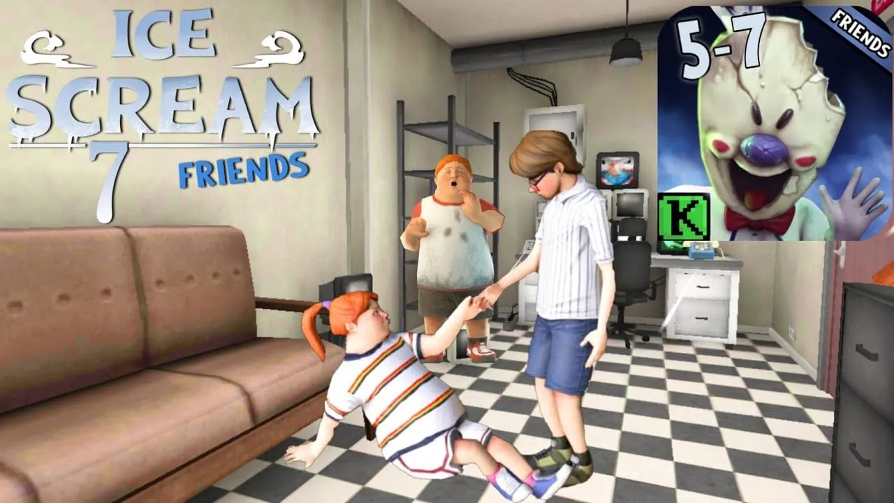 alt text: Hình ảnh gameplay Ice Scream 7 Friends! với nhân vật Rod đang tìm cách giải cứu bạn bè khỏi xe kem của tên hề độc ác